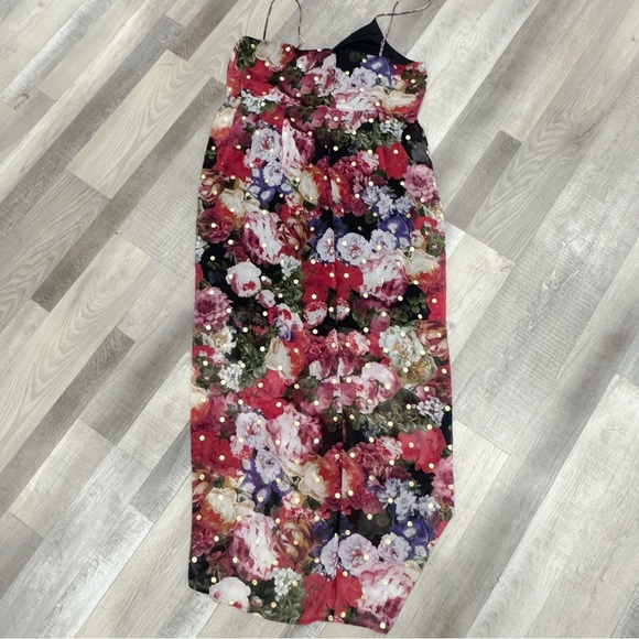 Express floral metallic detail faux wrap front spaghetti strap dress ❤️ - Picture 6 of 8